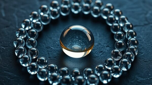 Billes de verre disposées en cercles concentriques sur ardoise sombre