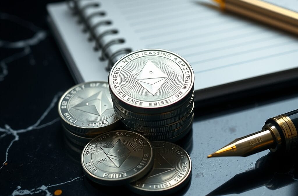 Piles de pièces physiques Ethereum argent sur un bureau sombre, éclairage éditorial.