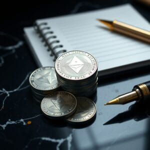 Piles de pièces physiques Ethereum argent sur un bureau sombre, éclairage éditorial.