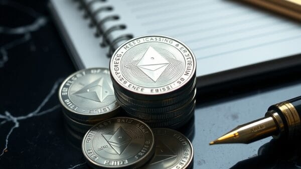 Piles de pièces physiques Ethereum argent sur un bureau sombre, éclairage éditorial.