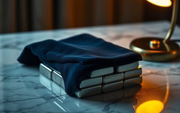 Pile de lingots d'argent partiellement recouverts de tissu bleu marine sur un bureau en marbre