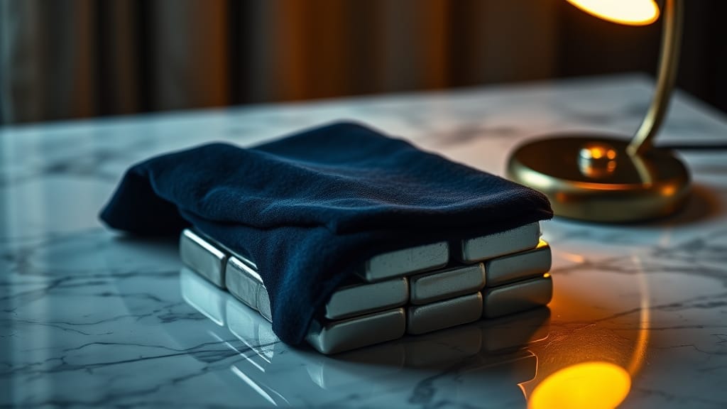 Pile de lingots d'argent partiellement recouverts de tissu bleu marine sur un bureau en marbre