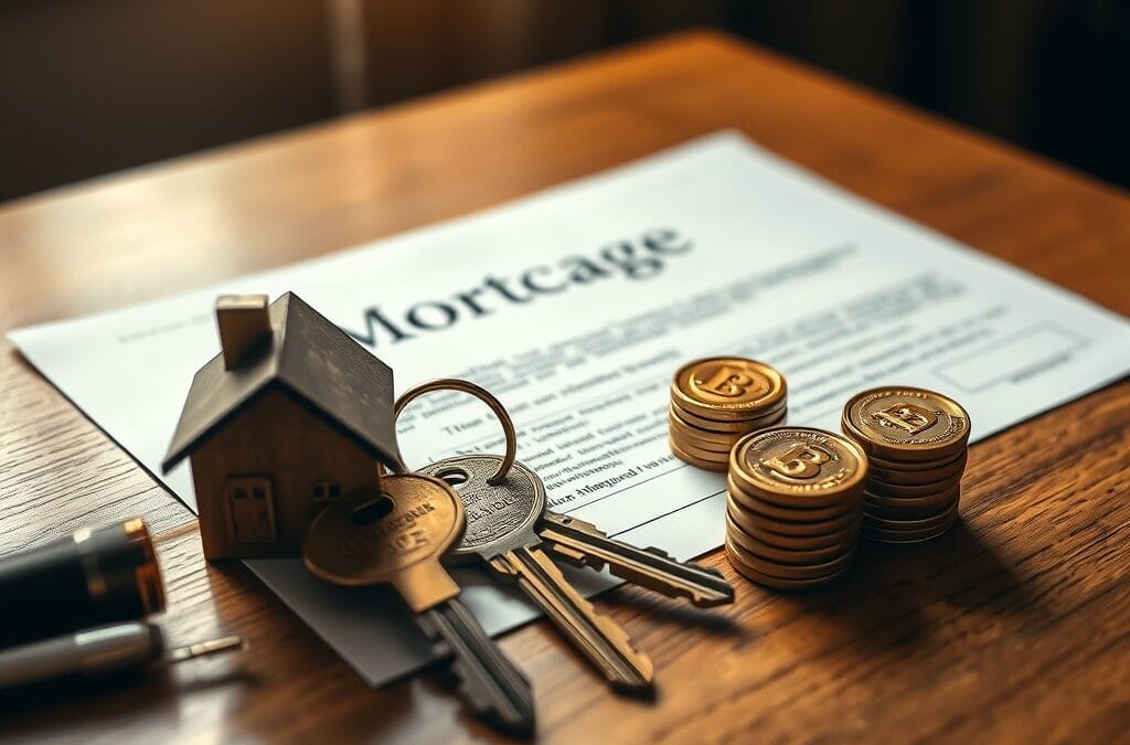 Clé en laiton posée sur un document hypothécaire à côté d une maquette de maison en bois