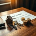 Clé en laiton posée sur un document hypothécaire à côté d une maquette de maison en bois