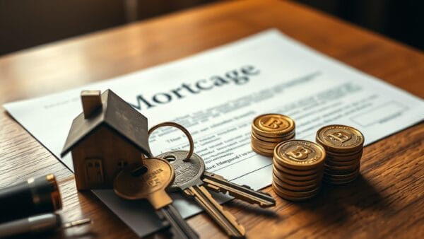 Clé en laiton posée sur un document hypothécaire à côté d une maquette de maison en bois