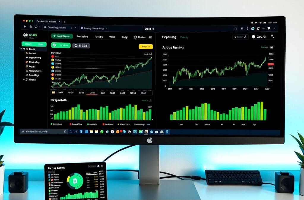 Écran d'ordinateur avec tableaux de bord de trading crypto et suivis d'airdrops