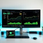 Écran d'ordinateur avec tableaux de bord de trading crypto et suivis d'airdrops