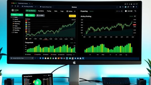 Écran d'ordinateur avec tableaux de bord de trading crypto et suivis d'airdrops