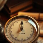 Baromètre en laiton pointant vers la zone tempête sur un bureau en acajou