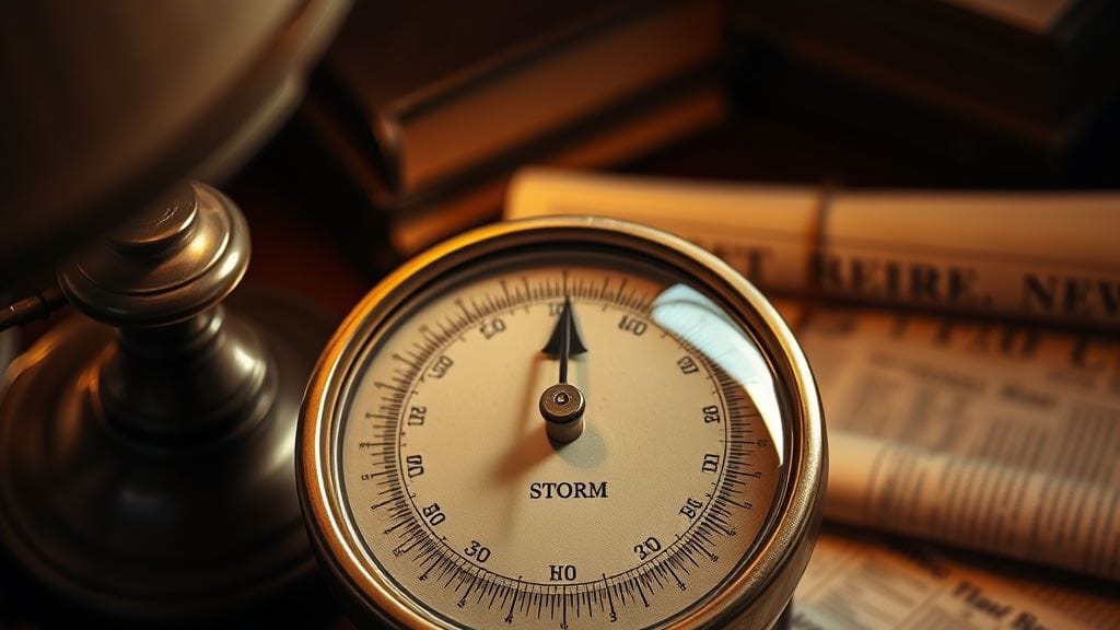 Baromètre en laiton pointant vers la zone tempête sur un bureau en acajou