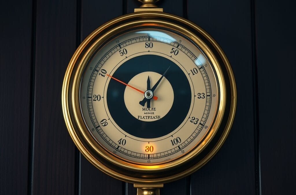 Barometre en laiton vintage avec l aiguille pointant vers la zone de basse pression extreme