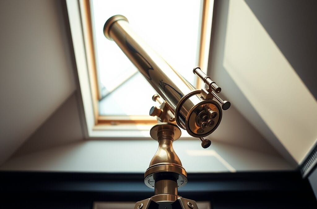 Telescope en laiton pointant vers le haut a travers un puits de lumiere sur trepied