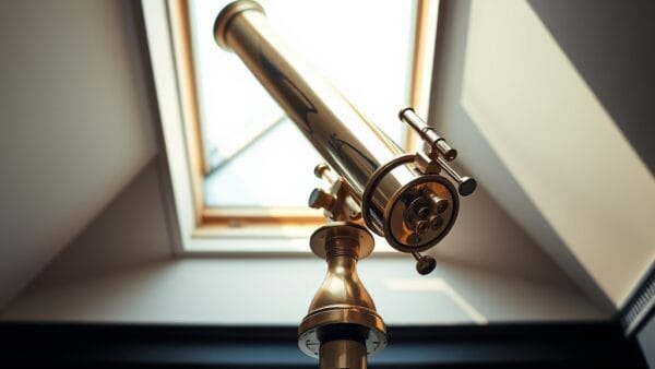 Telescope en laiton pointant vers le haut a travers un puits de lumiere sur trepied