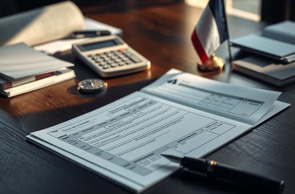 Formulaire fiscal francais sur un bureau en chene avec stylo-plume et drapeau tricolore