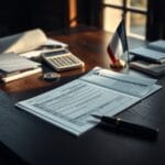Formulaire fiscal francais sur un bureau en chene avec stylo-plume et drapeau tricolore