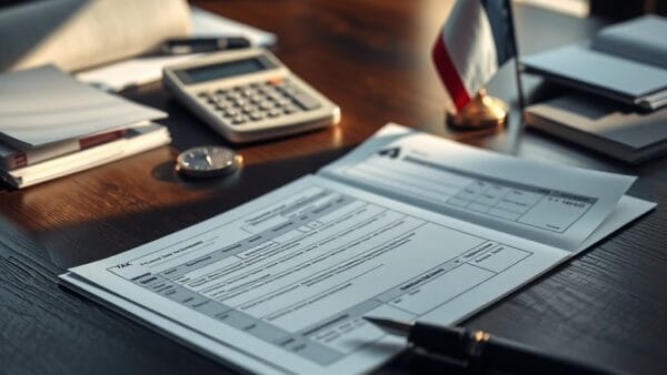 Formulaire fiscal francais sur un bureau en chene avec stylo-plume et drapeau tricolore