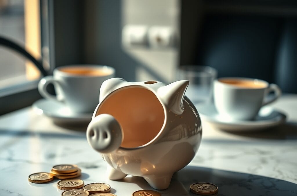 Tirelire en céramique sur une table de café française avec des pièces dorées