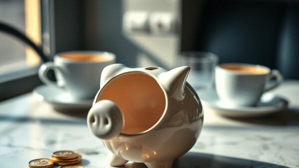 Tirelire en céramique sur une table de café française avec des pièces dorées