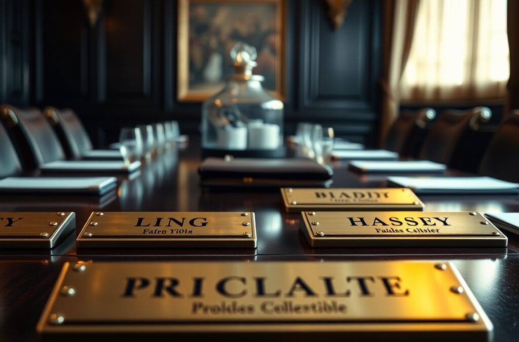 Plaques nominatives en laiton alignees sur une table de salle de conseil en acajou