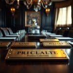 Plaques nominatives en laiton alignees sur une table de salle de conseil en acajou