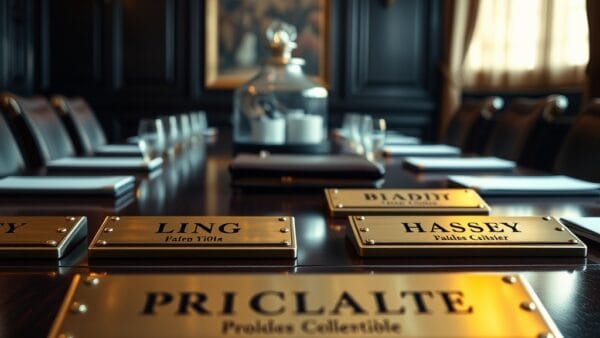 Plaques nominatives en laiton alignees sur une table de salle de conseil en acajou