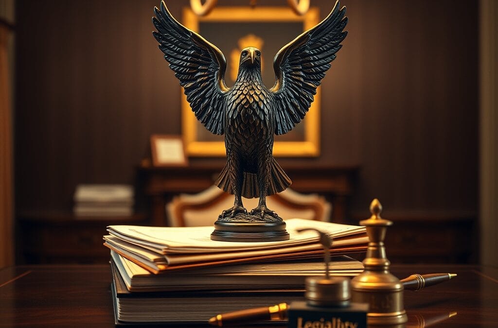 Aigle en bronze sur des documents legislatifs avec porte-plume en laiton sur bureau