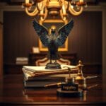 Aigle en bronze sur des documents legislatifs avec porte-plume en laiton sur bureau