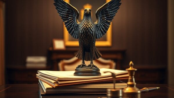 Aigle en bronze sur des documents legislatifs avec porte-plume en laiton sur bureau