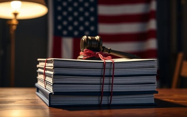 Classeurs réglementaires et marteau de juge sur un bureau en bois