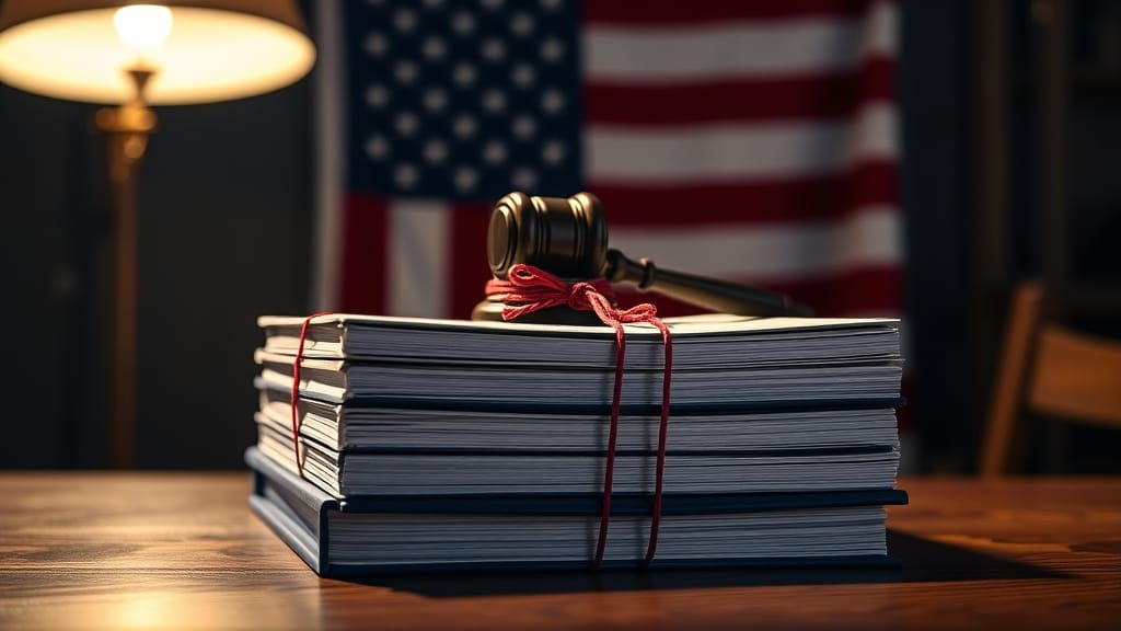 Classeurs réglementaires et marteau de juge sur un bureau en bois