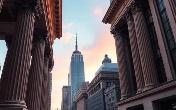 Skyline financier de Manhattan avec colonnes de banque au lever du jour