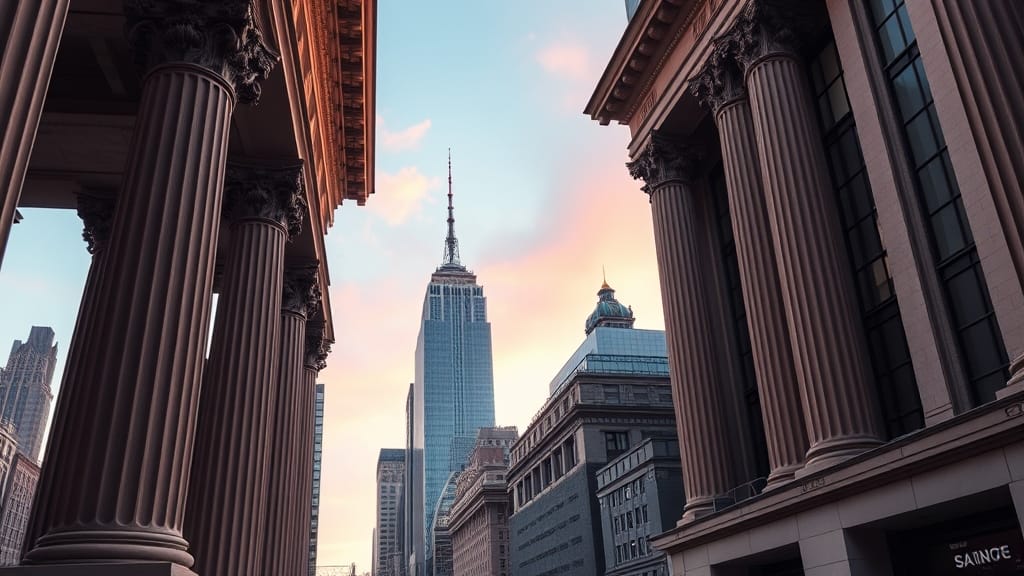 Skyline financier de Manhattan avec colonnes de banque au lever du jour
