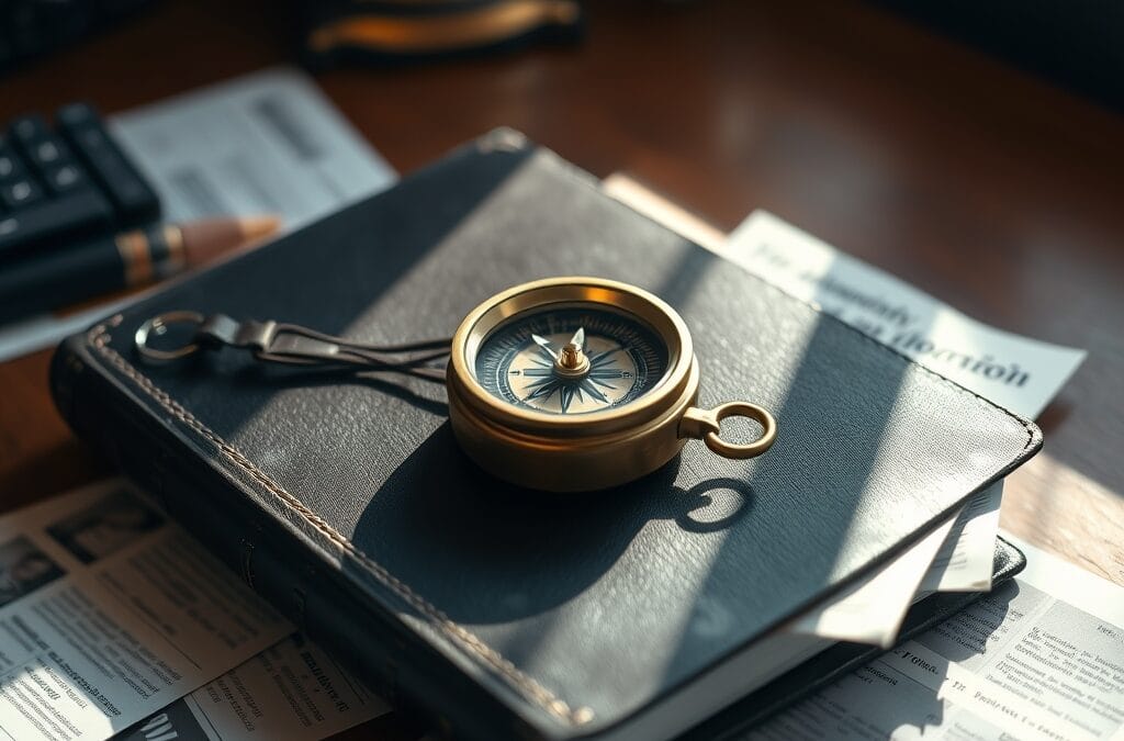 Boussole en laiton posée sur un journal en cuir entouré de coupures de presse financière