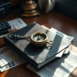 Boussole en laiton posée sur un journal en cuir entouré de coupures de presse financière