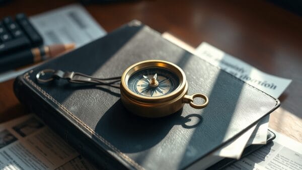 Boussole en laiton posée sur un journal en cuir entouré de coupures de presse financière