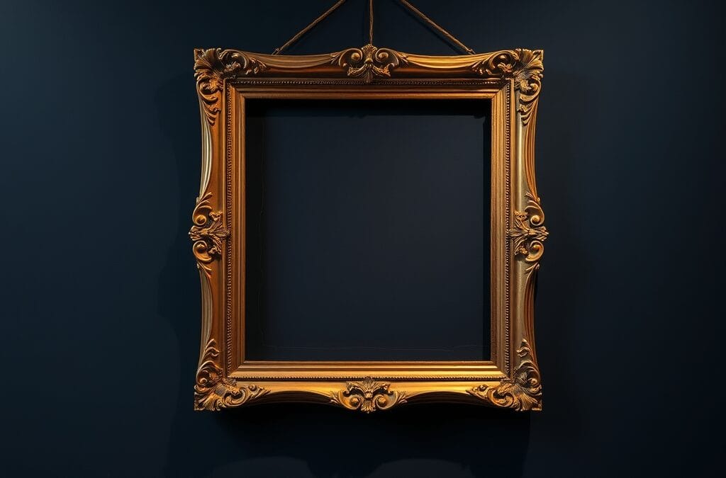 Cadre orne vide accroche de travers sur un mur sombre avec empreinte de poussiere