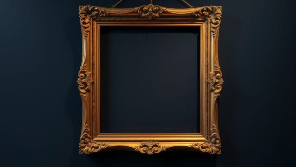 Cadre orne vide accroche de travers sur un mur sombre avec empreinte de poussiere