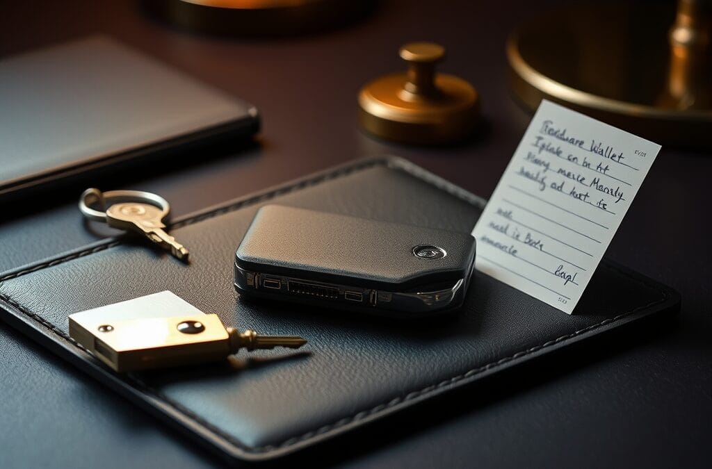 Portefeuille materiel sur un sous-main en cuir avec cadenas en laiton