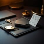 Portefeuille materiel sur un sous-main en cuir avec cadenas en laiton