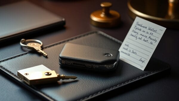 Portefeuille materiel sur un sous-main en cuir avec cadenas en laiton