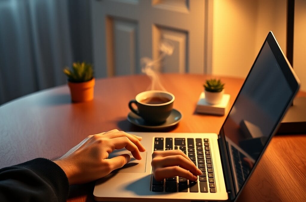 Mains tapant sur un clavier d'ordinateur portable sur un bureau en bois cosy