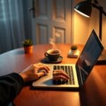 Mains tapant sur un clavier d'ordinateur portable sur un bureau en bois cosy