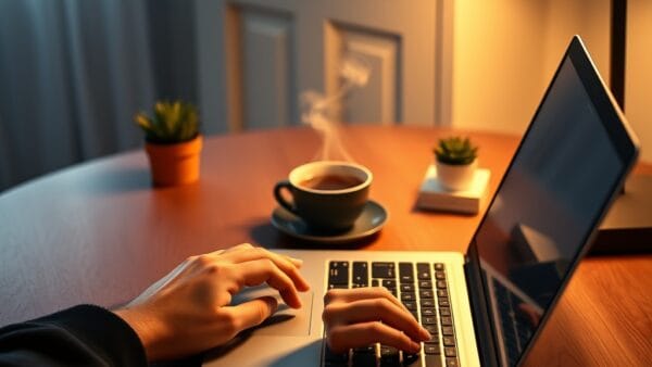 Mains tapant sur un clavier d'ordinateur portable sur un bureau en bois cosy