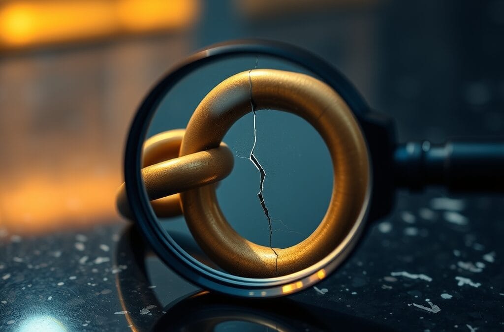 Loupe revelant une fissure cachee dans un maillon de chaine en laiton sur granite