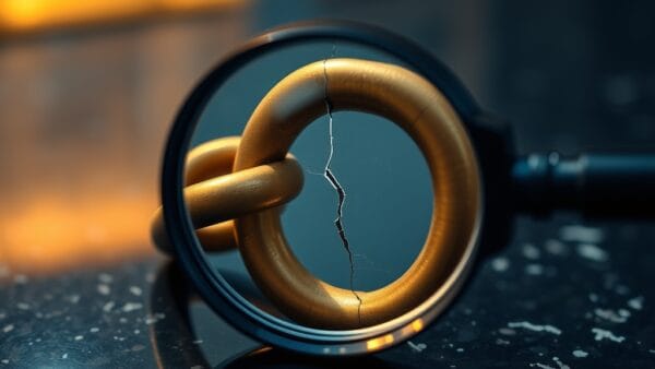 Loupe revelant une fissure cachee dans un maillon de chaine en laiton sur granite