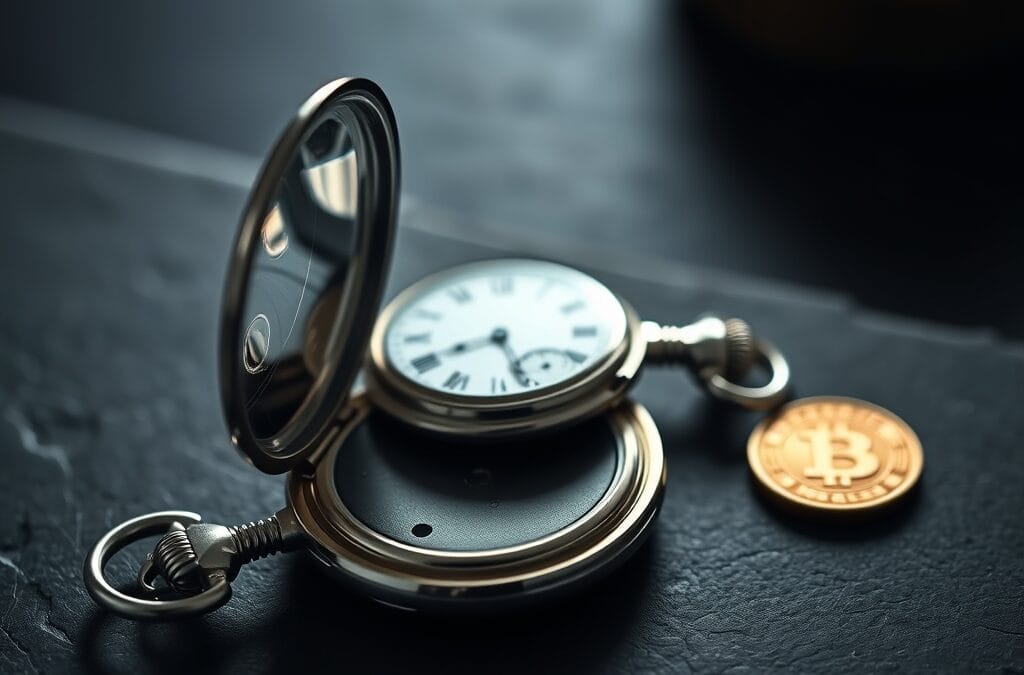 Montre à gousset argentée ouverte et pièce dorée sur surface sombre.