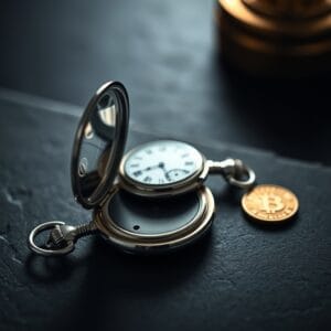 Montre à gousset argentée ouverte et pièce dorée sur surface sombre.