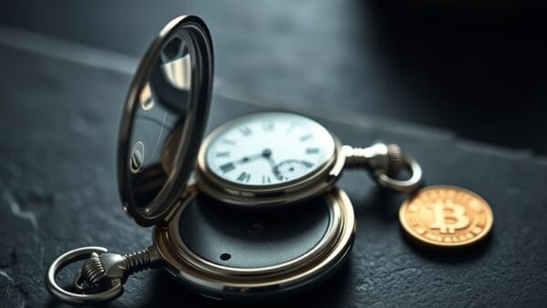 Montre à gousset argentée ouverte et pièce dorée sur surface sombre.