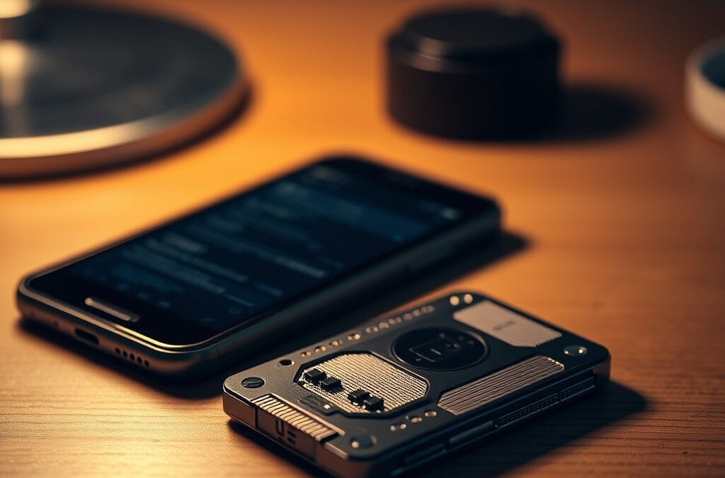 Un hardware wallet posé sur un bureau en bois à côté d'un smartphone