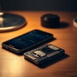 Un hardware wallet posé sur un bureau en bois à côté d'un smartphone